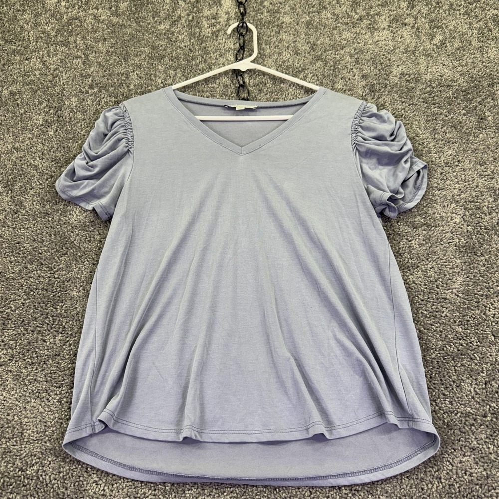 Green Envelope Shirt Womens Medium Blue Puff Sleeve V Neck High Low Casual
